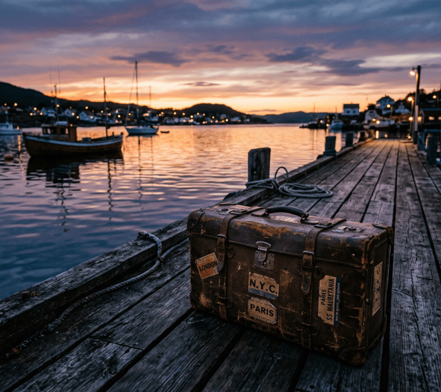Vintage suitcase with travel stickers on wooden dock by calm water with boats and sunset