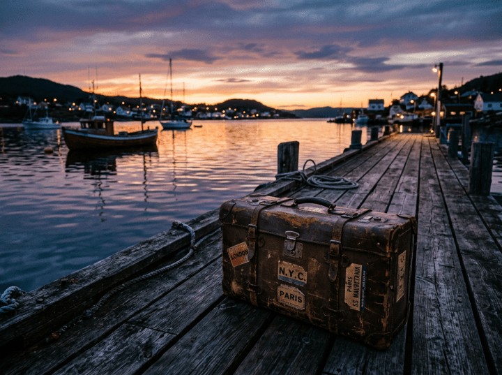 Vintage suitcase with travel stickers on wooden dock by calm water with boats and sunset