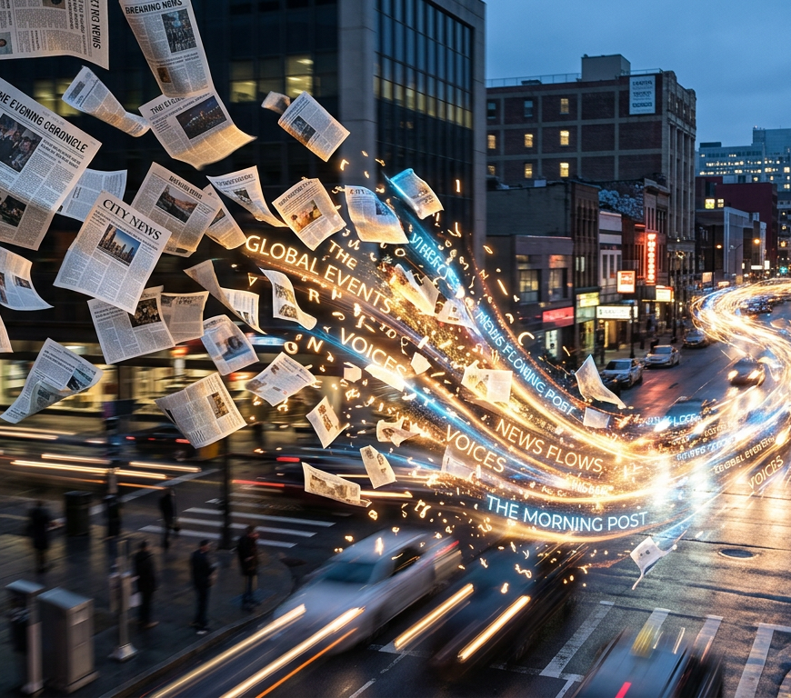 Newspapers and glowing text swirling above a city street at night symbolizing news flow