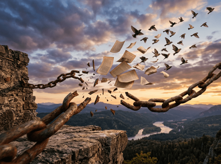 Broken rusty chains with pages transforming into flying birds over a scenic valley at sunset