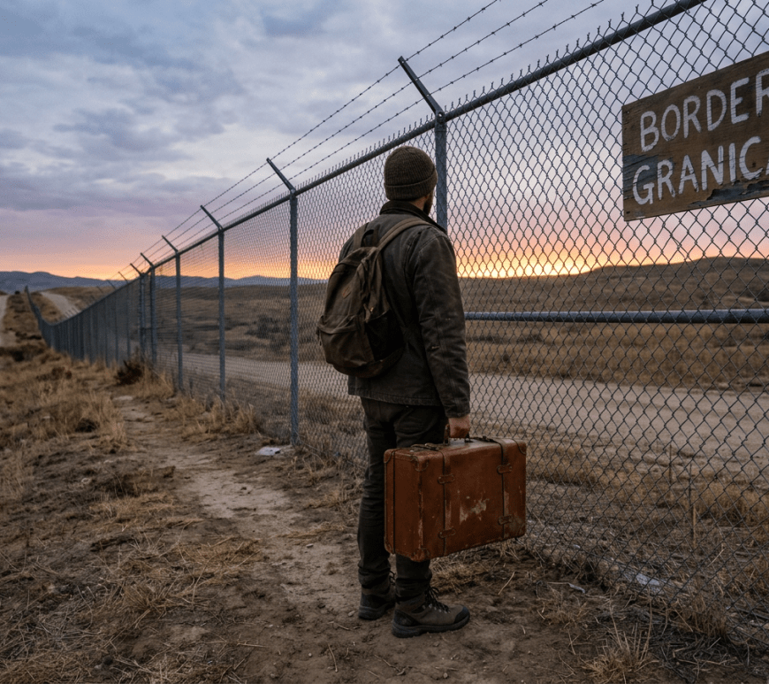 Man with backpack and suitcase looking through a border fence with a sign reading 'BORDER GRANICA'