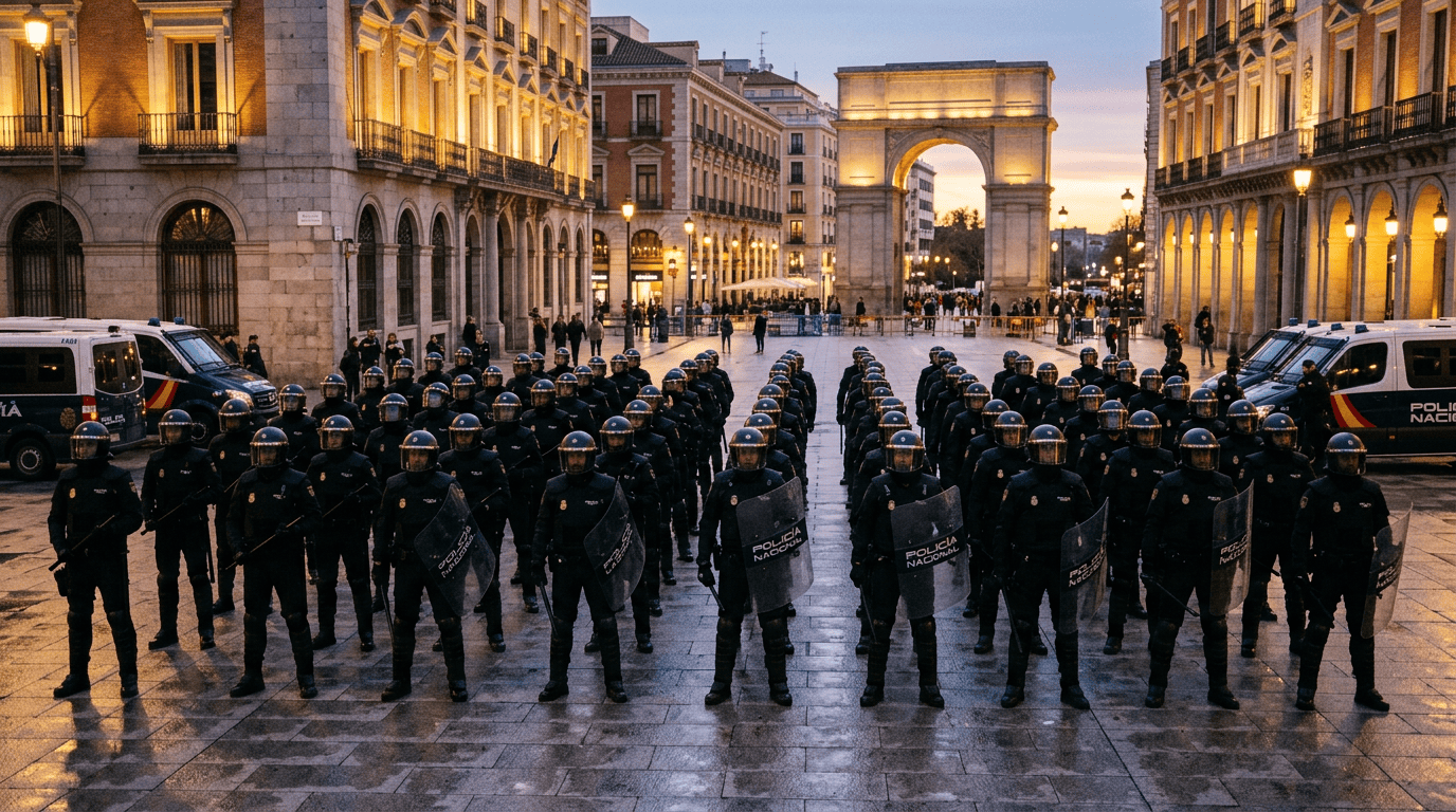 National police officers in riot gear standing in formation in a large urban plaza