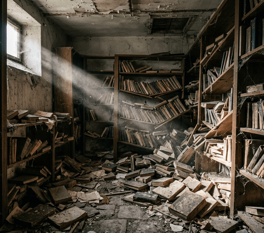 Old books scattered on floor and crooked shelves in abandoned dusty library room with sunlight beam