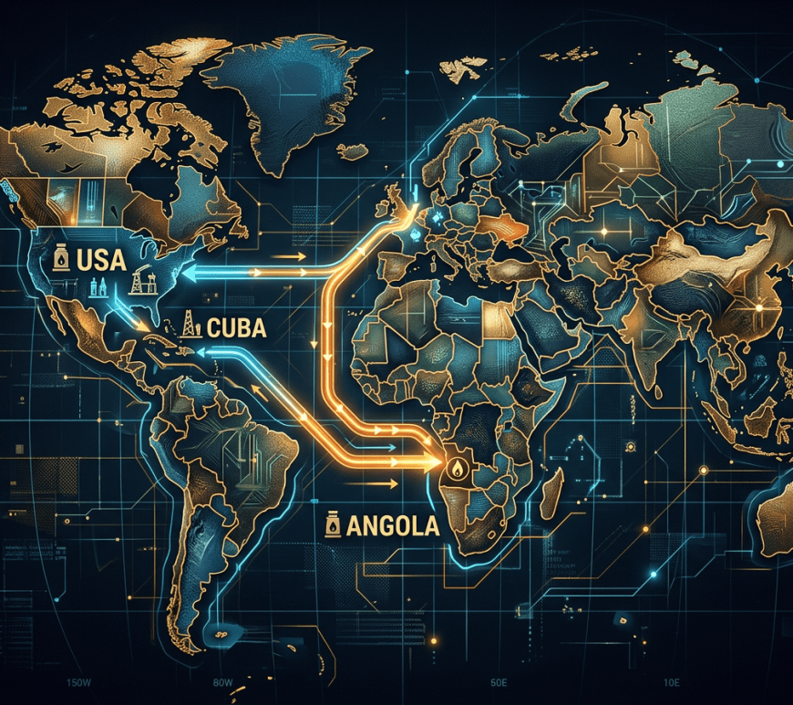 World map showing oil export routes from USA, Cuba, and Angola with arrows indicating directions