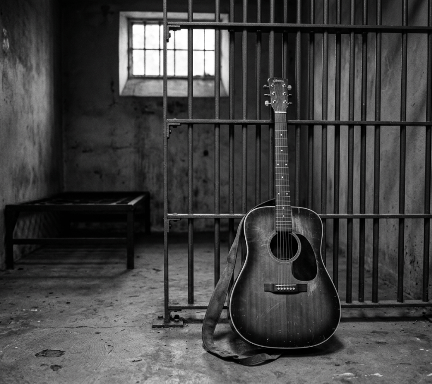 Acoustic guitar resting against metal bars in an empty prison cell