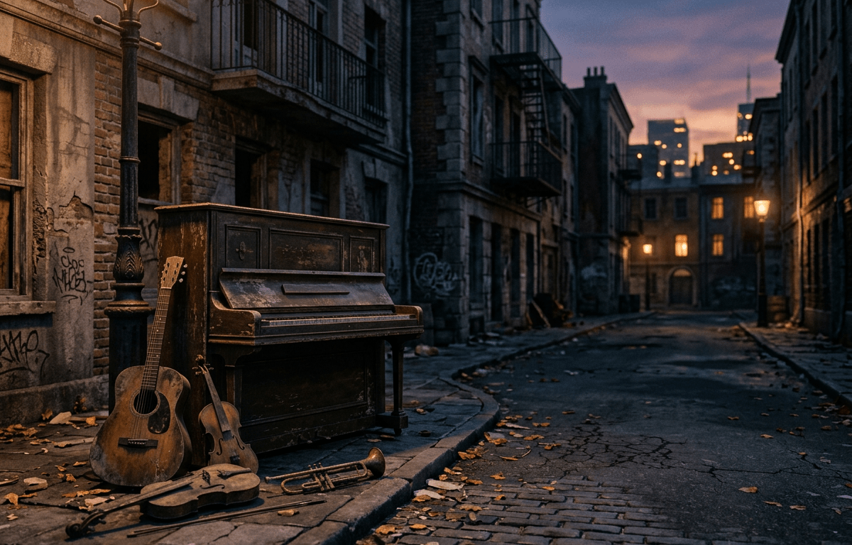 Old piano, guitar, violin, and trumpet on cracked sidewalk with rundown buildings at dusk