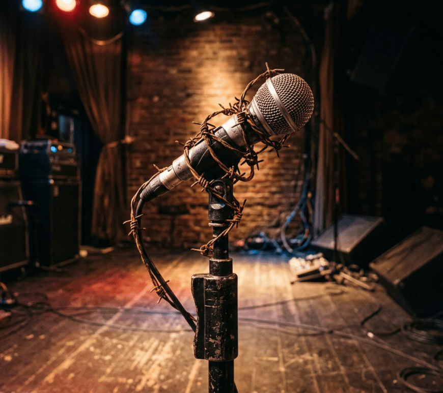 Microphone wrapped in rusty barbed wire on a stage with amplifiers and brick wall background