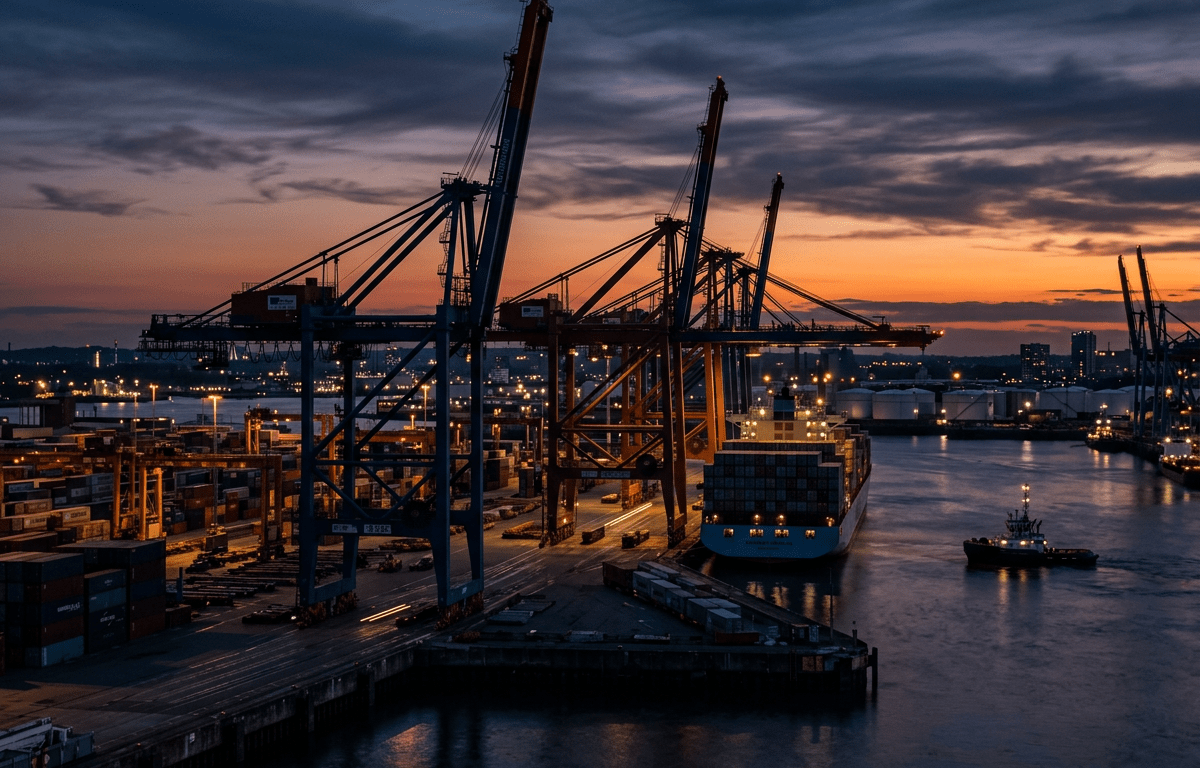Cargo ship docked at port with container cranes and sunset sky
