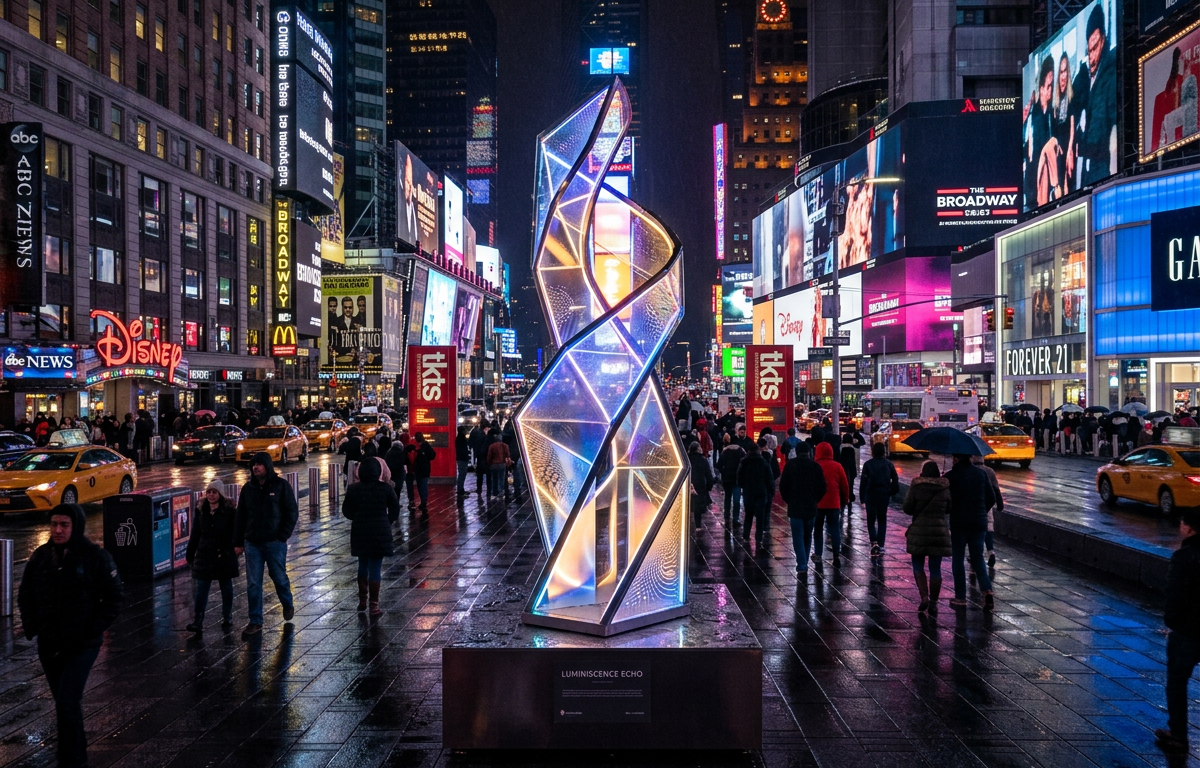 Illuminated light sculpture titled Luminescence Echo in Times Square with pedestrians and bright billboards