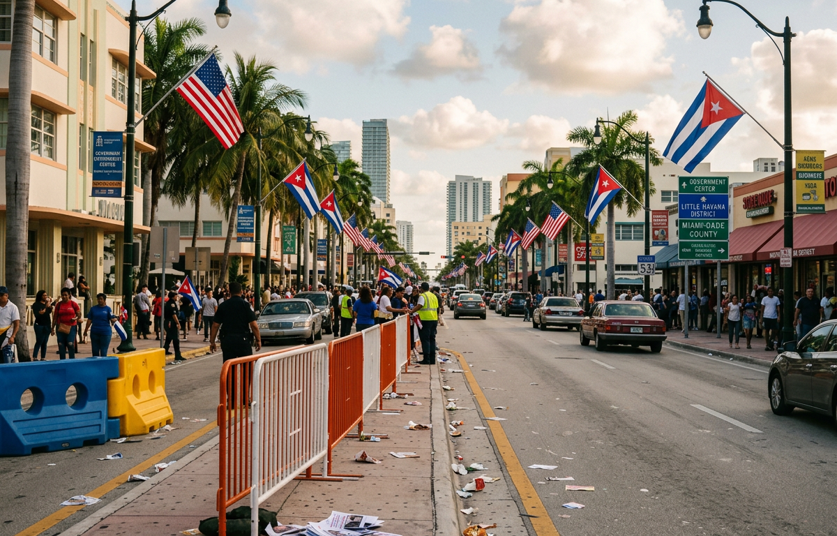 Street with Cuban and American flags, people walking, and cars under a partly cloudy sky