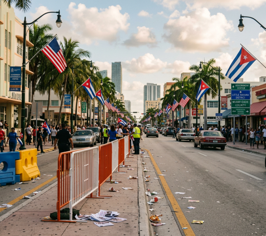 Street with Cuban and American flags, people walking, and cars under a partly cloudy sky