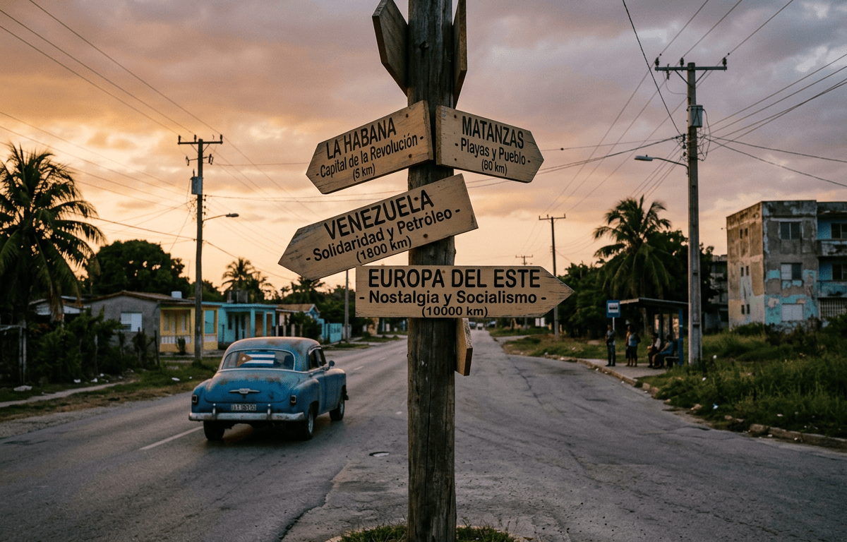 Roadside signpost reads LA HABANA -Capital de la Revolución- (5 km), MATANZAS -Playas y Pueblo- (80 Km), VENEZUELA -Solidaridad y Petróleo- (1800 km), and EUROPA DEL ESTE -Nostalgia y Socialismo- (1000 km).