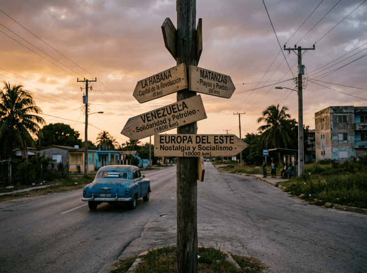 Roadside signpost reads LA HABANA -Capital de la Revolución- (5 km), MATANZAS -Playas y Pueblo- (80 Km), VENEZUELA -Solidaridad y Petróleo- (1800 km), and EUROPA DEL ESTE -Nostalgia y Socialismo- (1000 km).