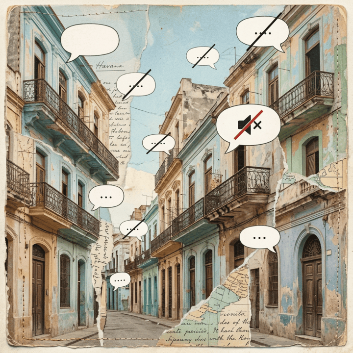 Vintage Havana street scene with colorful buildings, speech bubbles, and muted microphone icon