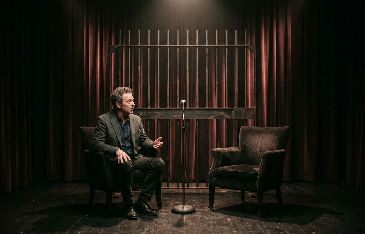 Man speaking onstage beside an empty chair and vintage microphone