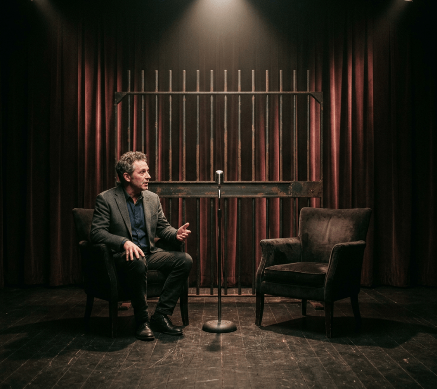Man speaking onstage beside an empty chair and vintage microphone