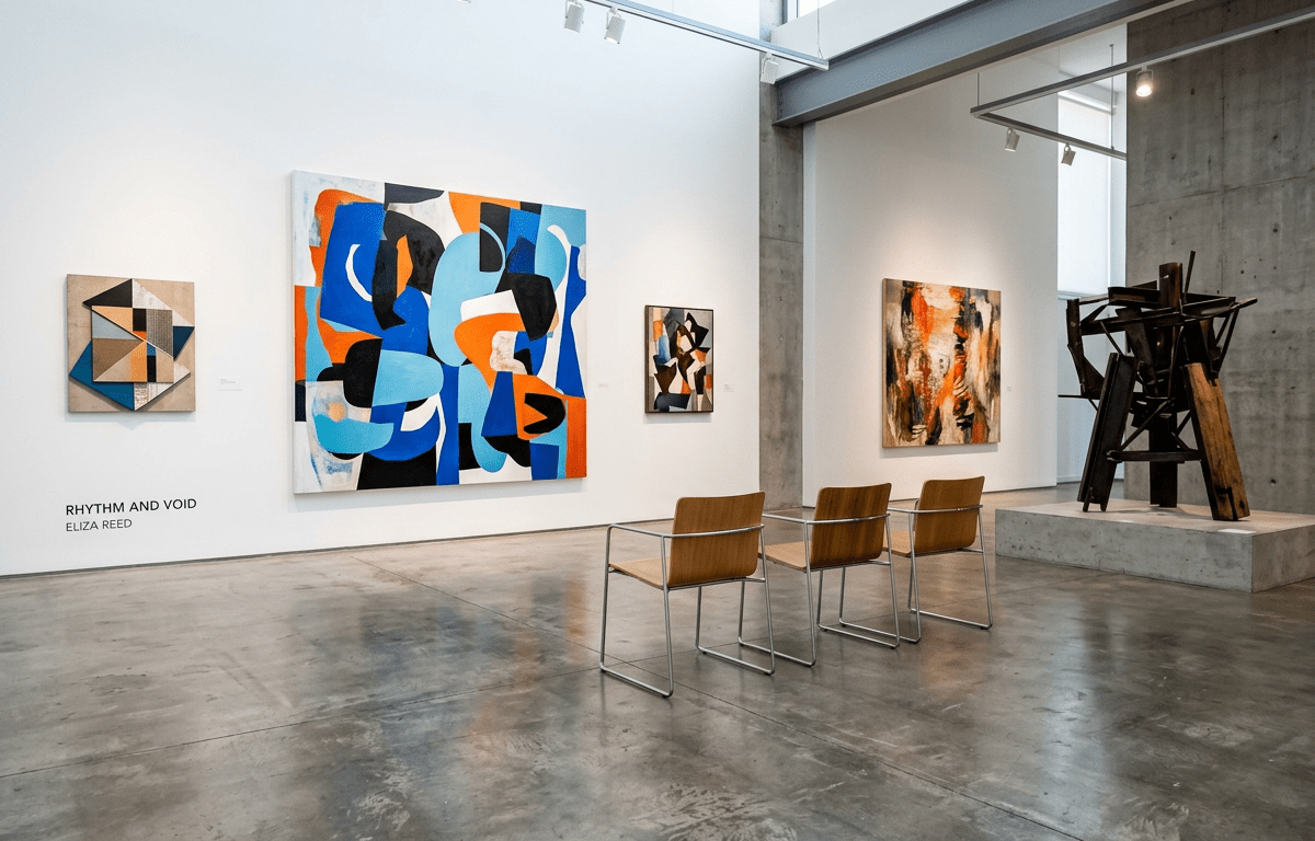 Contemporary gallery with abstract paintings, chairs, and a large metal sculpture