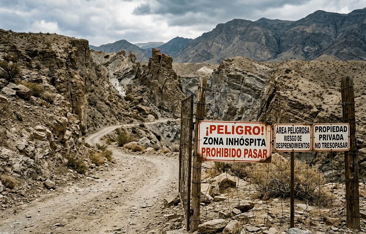 Spanish warning signs prohibit entry to a rugged mountain canyon