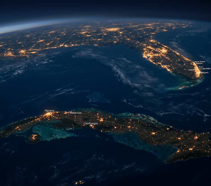 Nighttime satellite view of Cuba and Florida with glowing city lights
