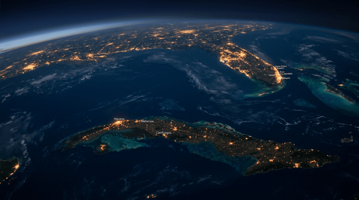 Nighttime satellite view of Cuba and Florida with glowing city lights