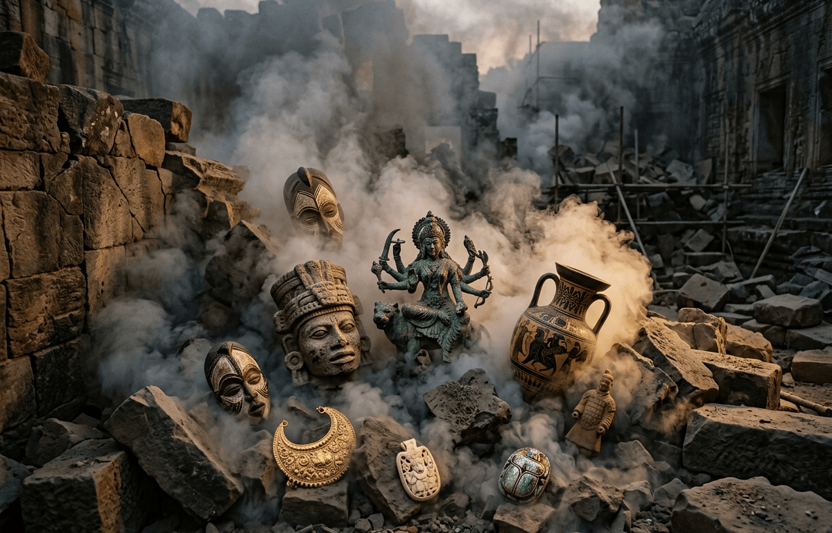 Ancient masks, jewelry, pottery, and statues among smoky ruins