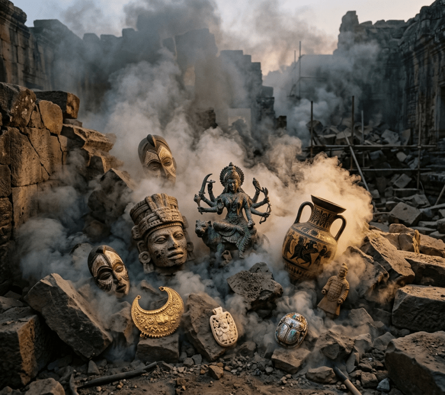 Ancient masks, jewelry, pottery, and statues among smoky ruins