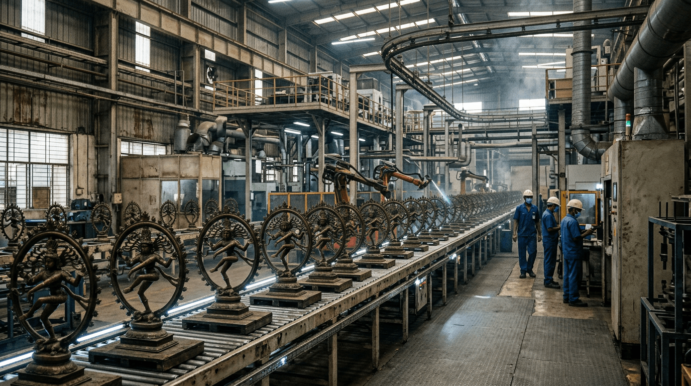 Workers monitoring a conveyor line of ornate dancing Shiva sculptures