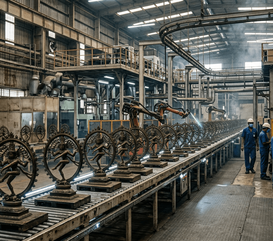 Workers monitoring a conveyor line of ornate dancing Shiva sculptures