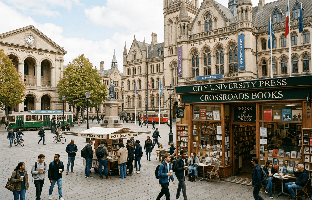 University plaza with Main University Library, City University Press, Crossroads Books, trams, and pedestrians