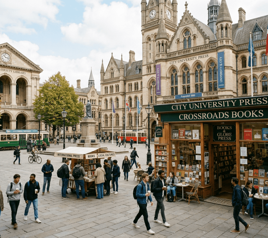 University plaza with Main University Library, City University Press, Crossroads Books, trams, and pedestrians