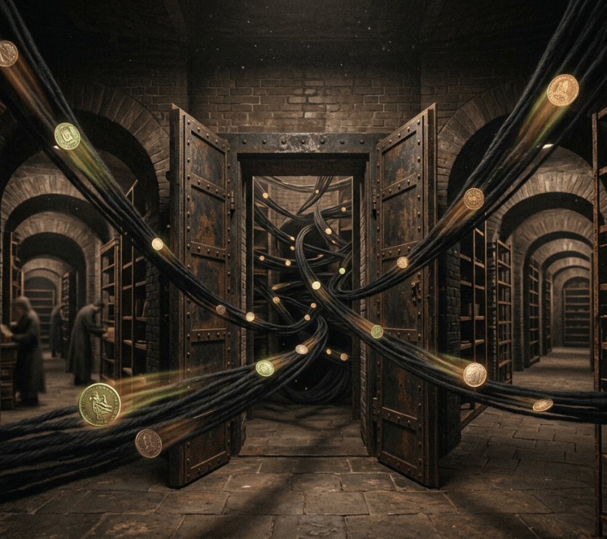 Open iron doors reveal an underground archive with glowing coins and cables