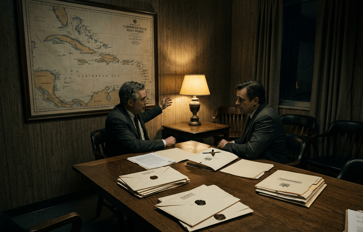 Two men discuss documents at a table beneath a Caribbean Sea map