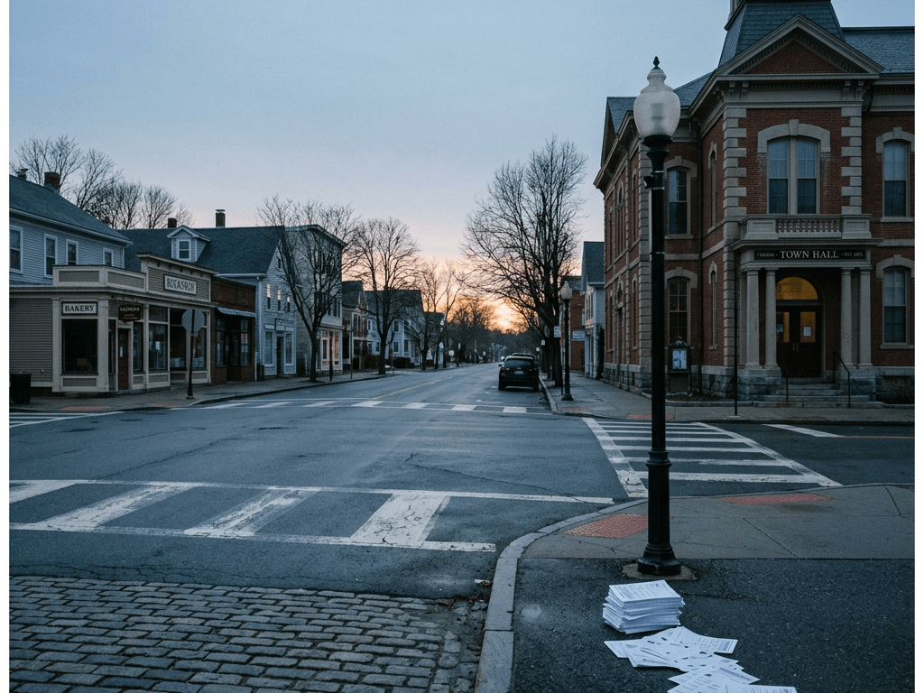 Historic town hall and quiet downtown street at dusk with scattered papers