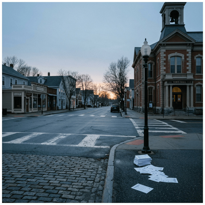 Historic town hall and quiet downtown street at dusk with scattered papers