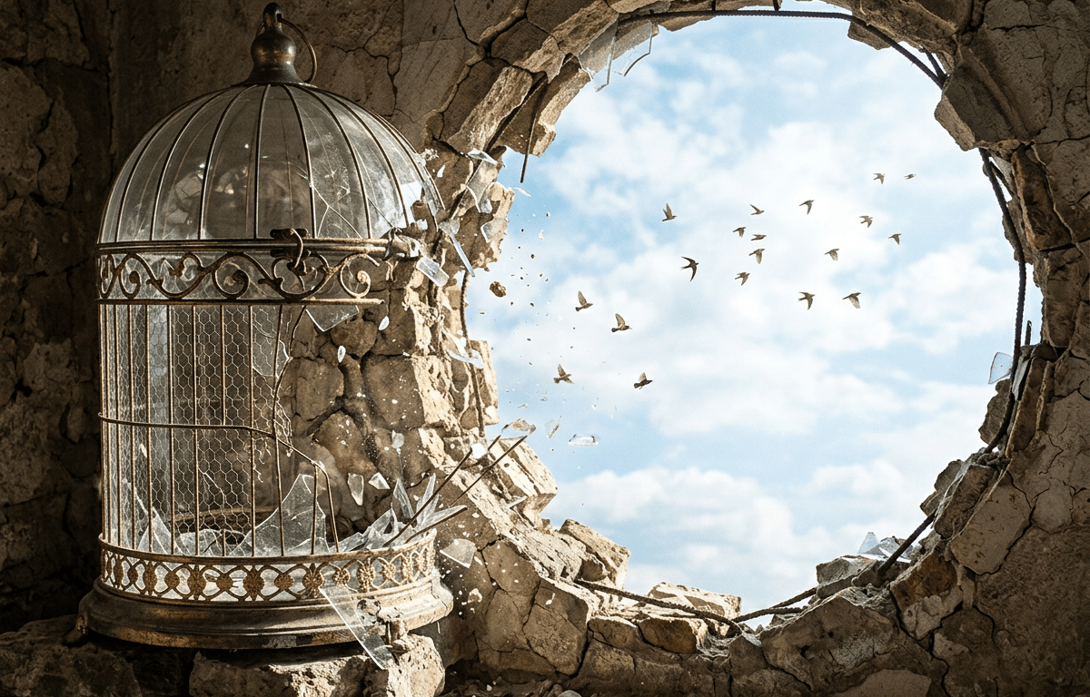 Ornate birdcage amid rubble beside a hole in a ruined wall, with birds flying outside