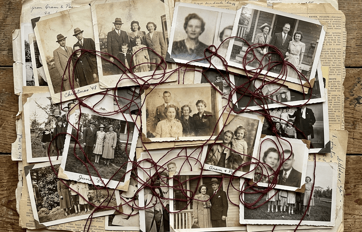 Vintage family photographs and handwritten memorabilia tied together with burgundy thread