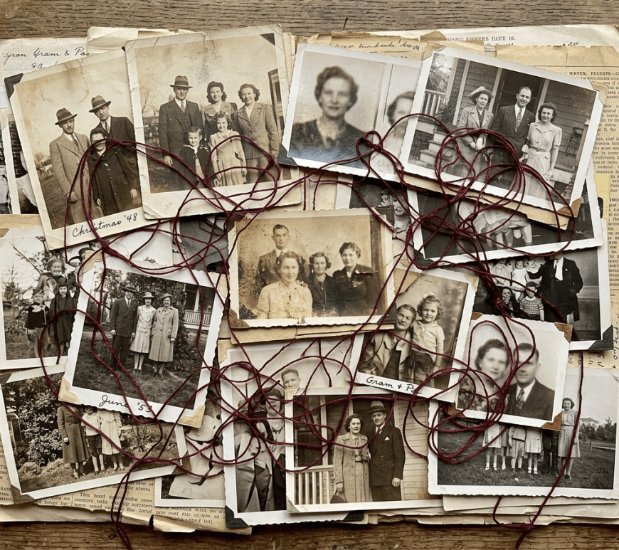 Vintage family photographs and handwritten memorabilia tied together with burgundy thread