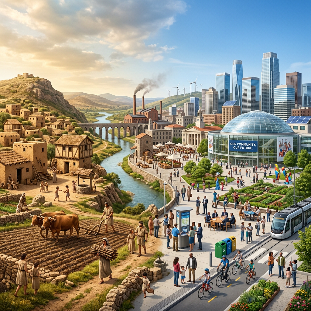 Illustration contrasting an ancient village with a sustainable modern city