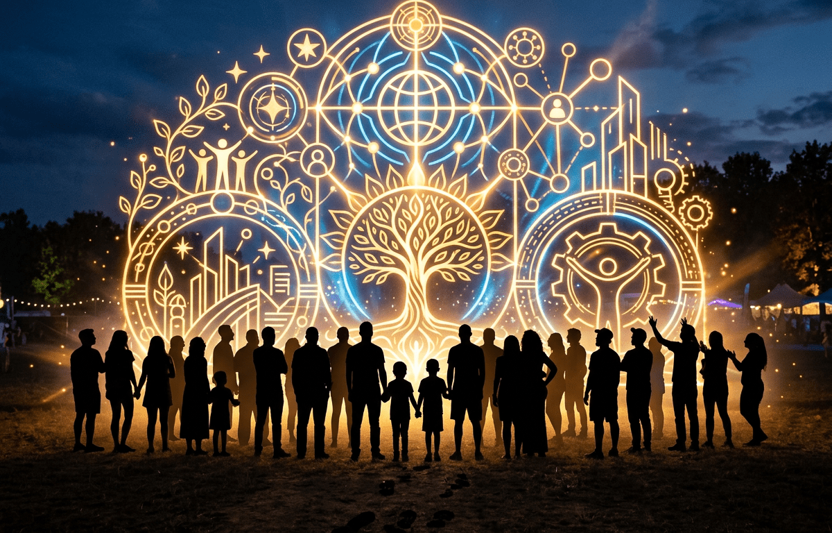 Silhouetted crowd facing a glowing mural of community, technology, and nature