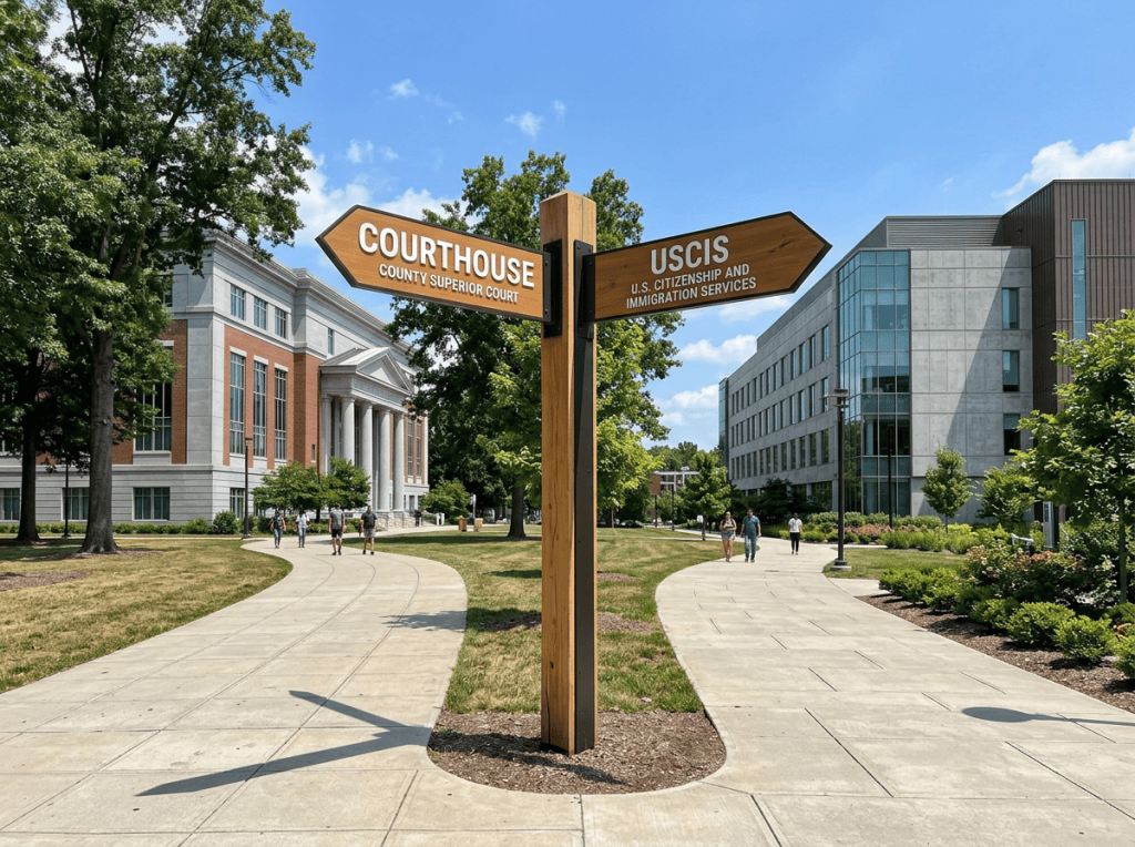 Directional sign pointing to courthouse and USCIS buildings