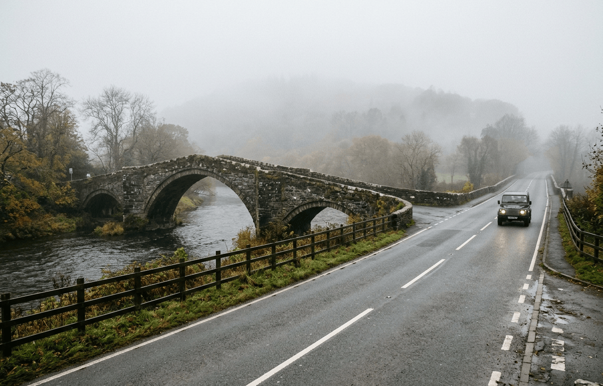 Stone arch bridge beside a misty road with a passing vehicle