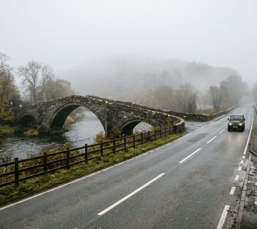 Stone arch bridge beside a misty road with a passing vehicle