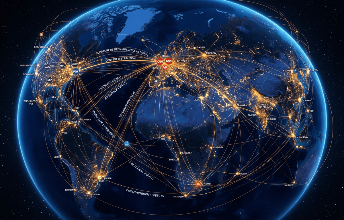 Globe map showing interconnected global news media networks and influence pathways