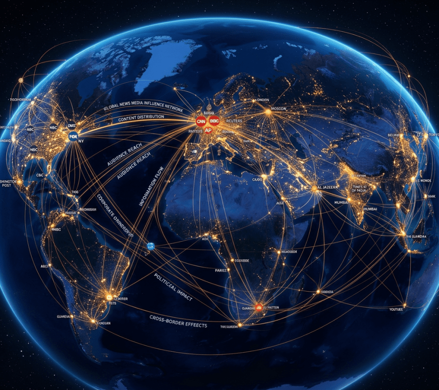 Globe map showing interconnected global news media networks and influence pathways