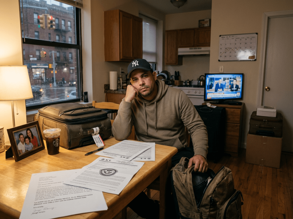 Man reviews official documents beside packed luggage at a kitchen table