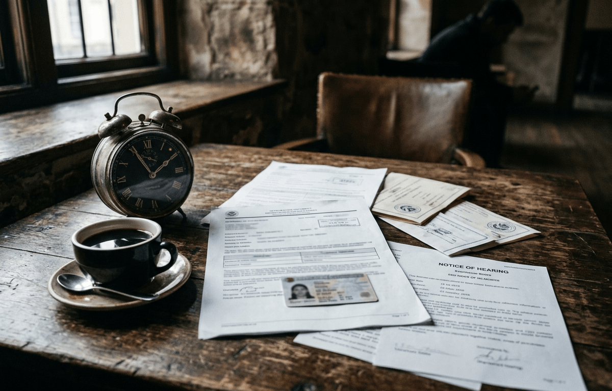 Legal documents, identification card, and hearing notice on a wooden table