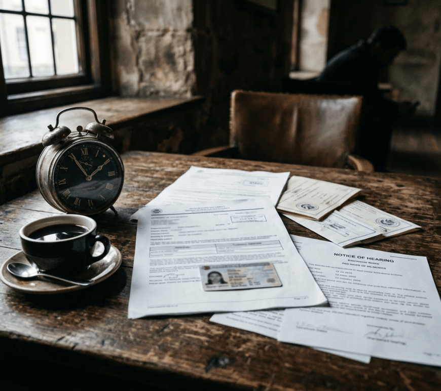 Legal documents, identification card, and hearing notice on a wooden table