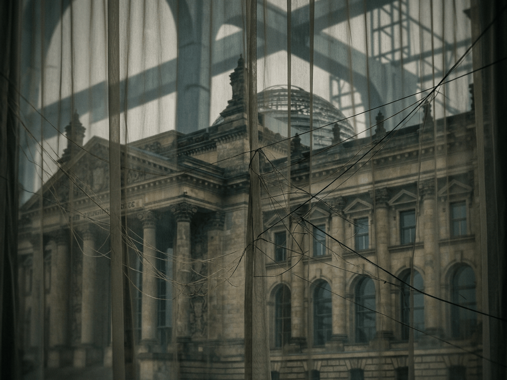 Historic stone building seen through sheer curtains and overhead wires