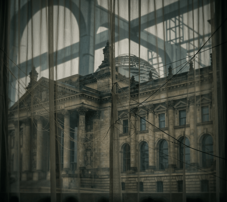 Historic stone building seen through sheer curtains and overhead wires