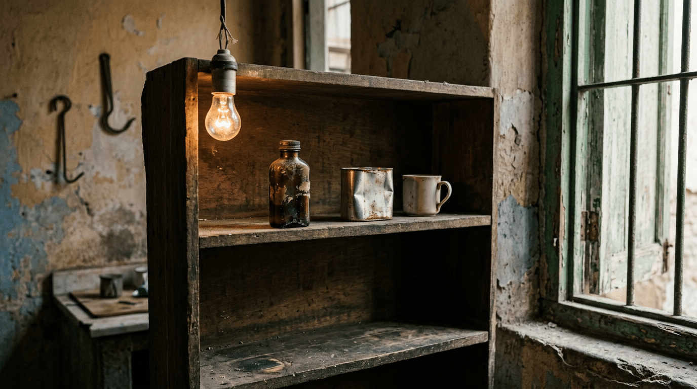 Weathered wooden shelf with bottle, metal cup, mug, and glowing bulb